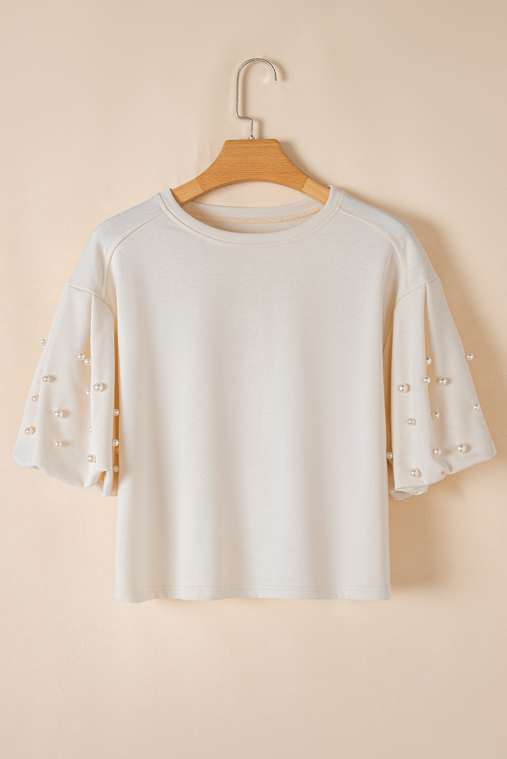 White Pearled Puff Sleeve Round Neck Loose Top - loveforevers