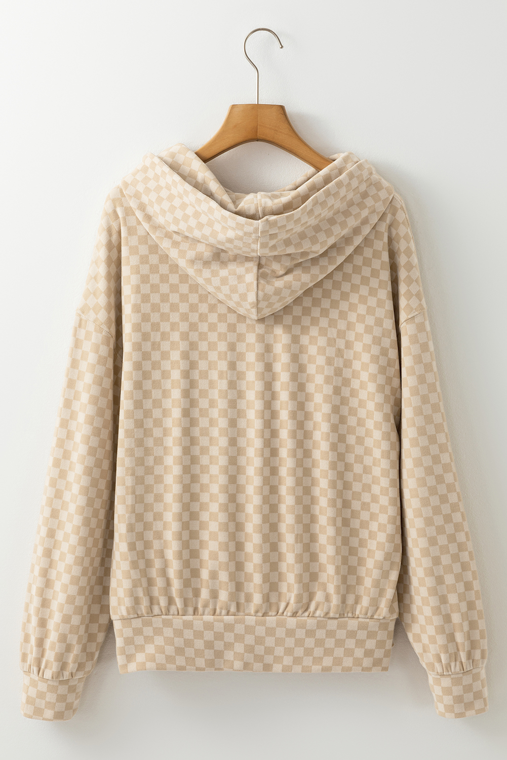 Khaki Checkered Print Kangaroo Pocket Drawstring Hoodie - loveforevers