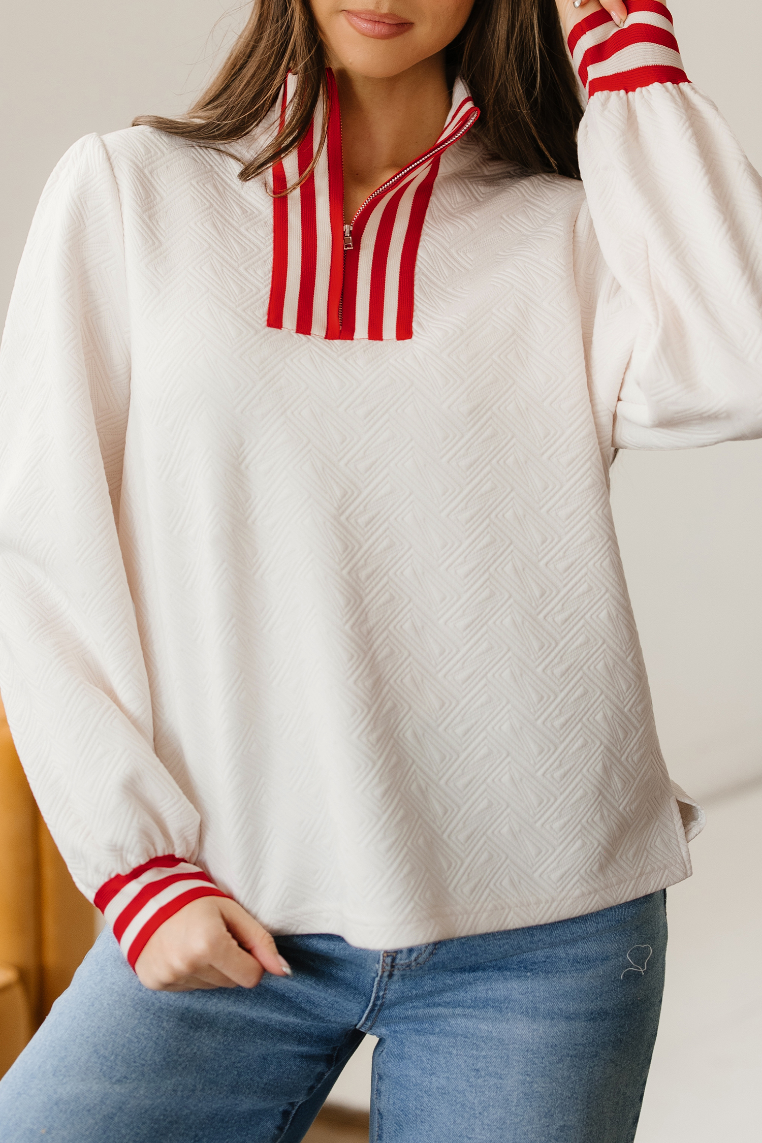 White Textured Knit Contrast Striped Accent Zipped Collar Pullover Top - loveforevers