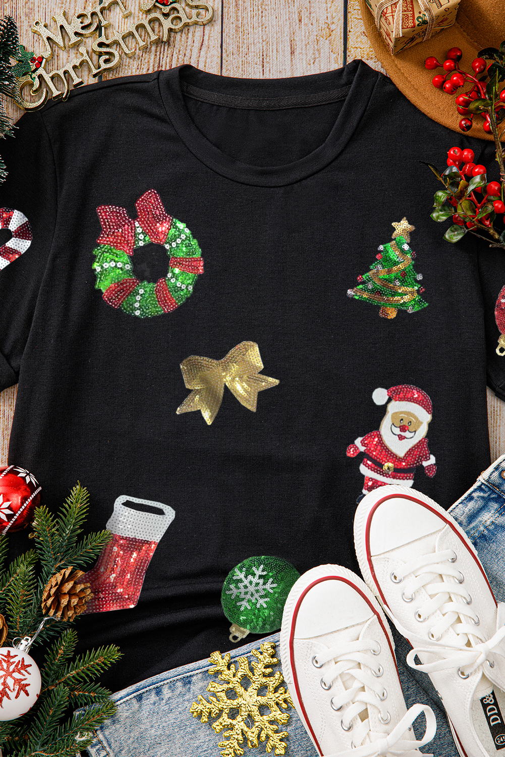 Black Sequin Christmas Essentials Graphic Crewneck T Shirt - loveforevers