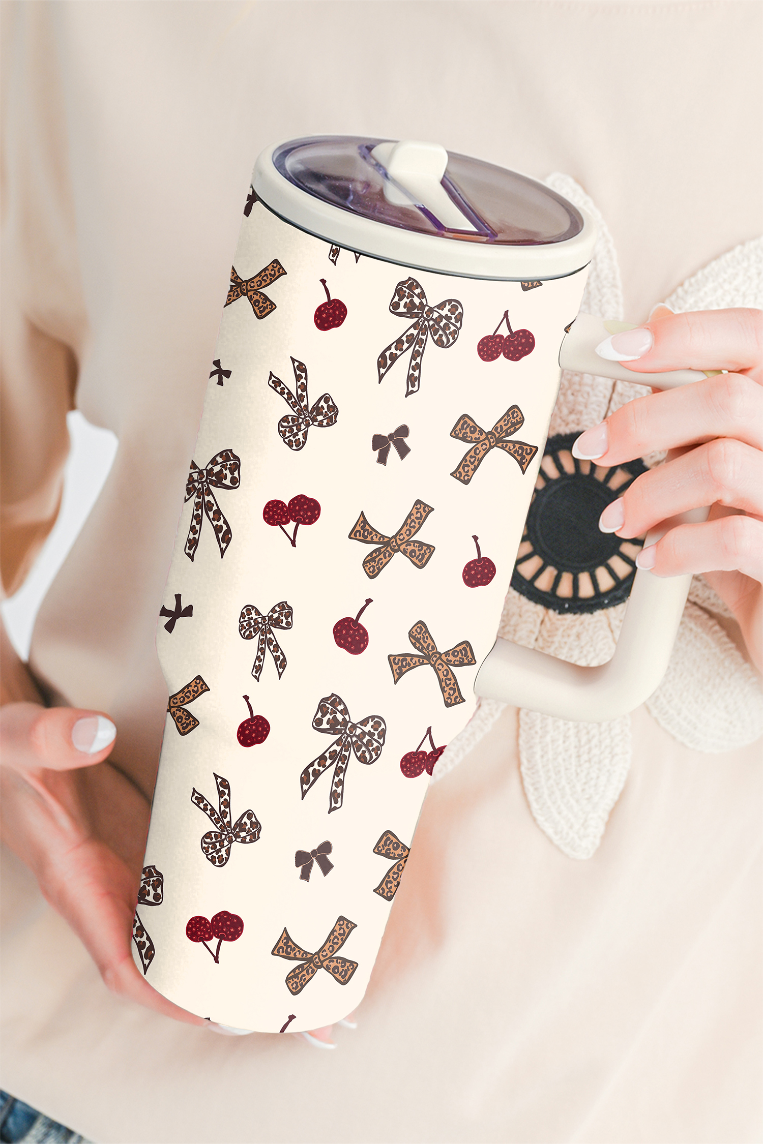 White Leopard Cheery Bow Printed Single Handle Flip Straw Travel Cup - loveforevers