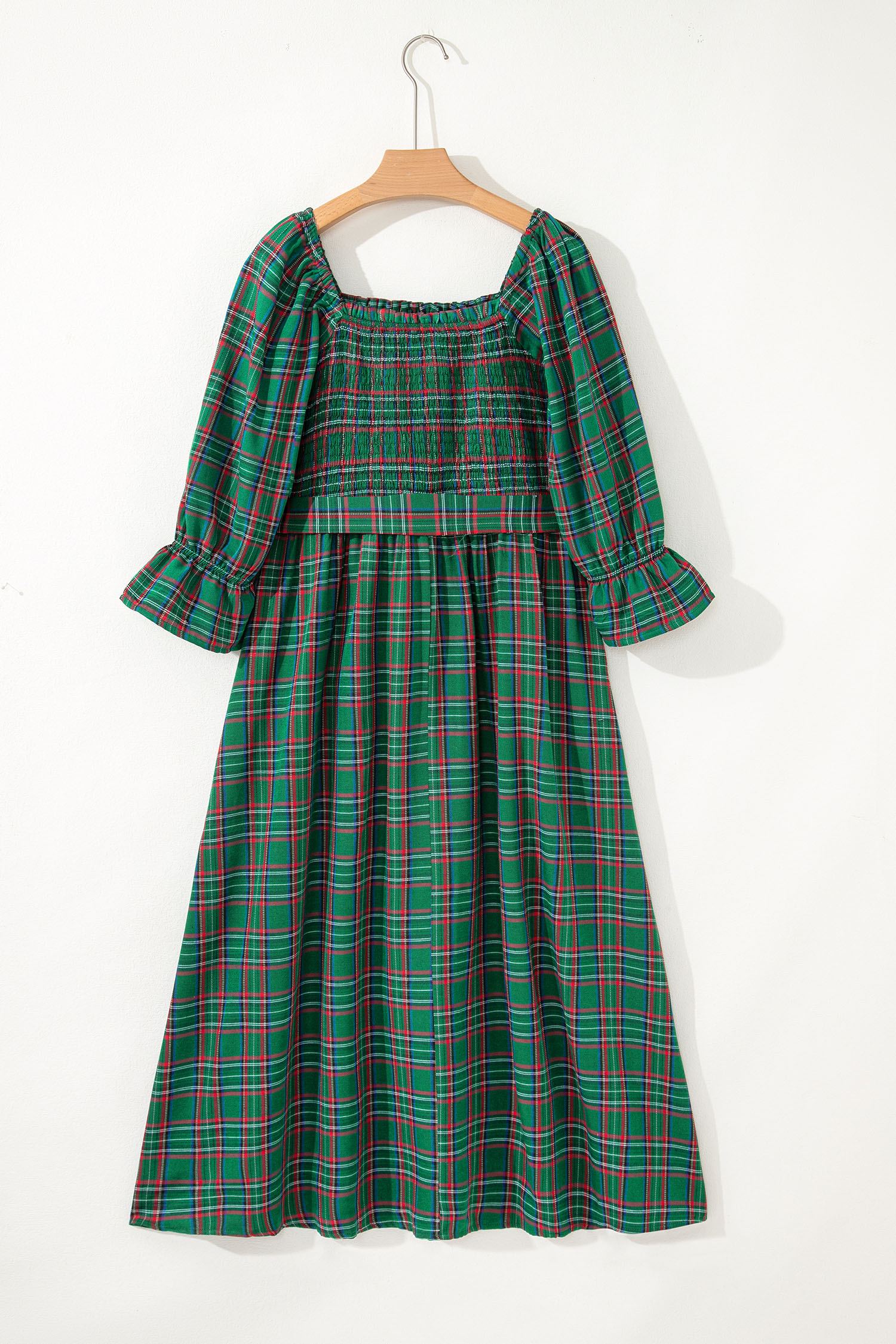 Red Tartan Plaid Square Neck Puff Sleeve Knot Waist Flared Midi Dress - loveforevers
