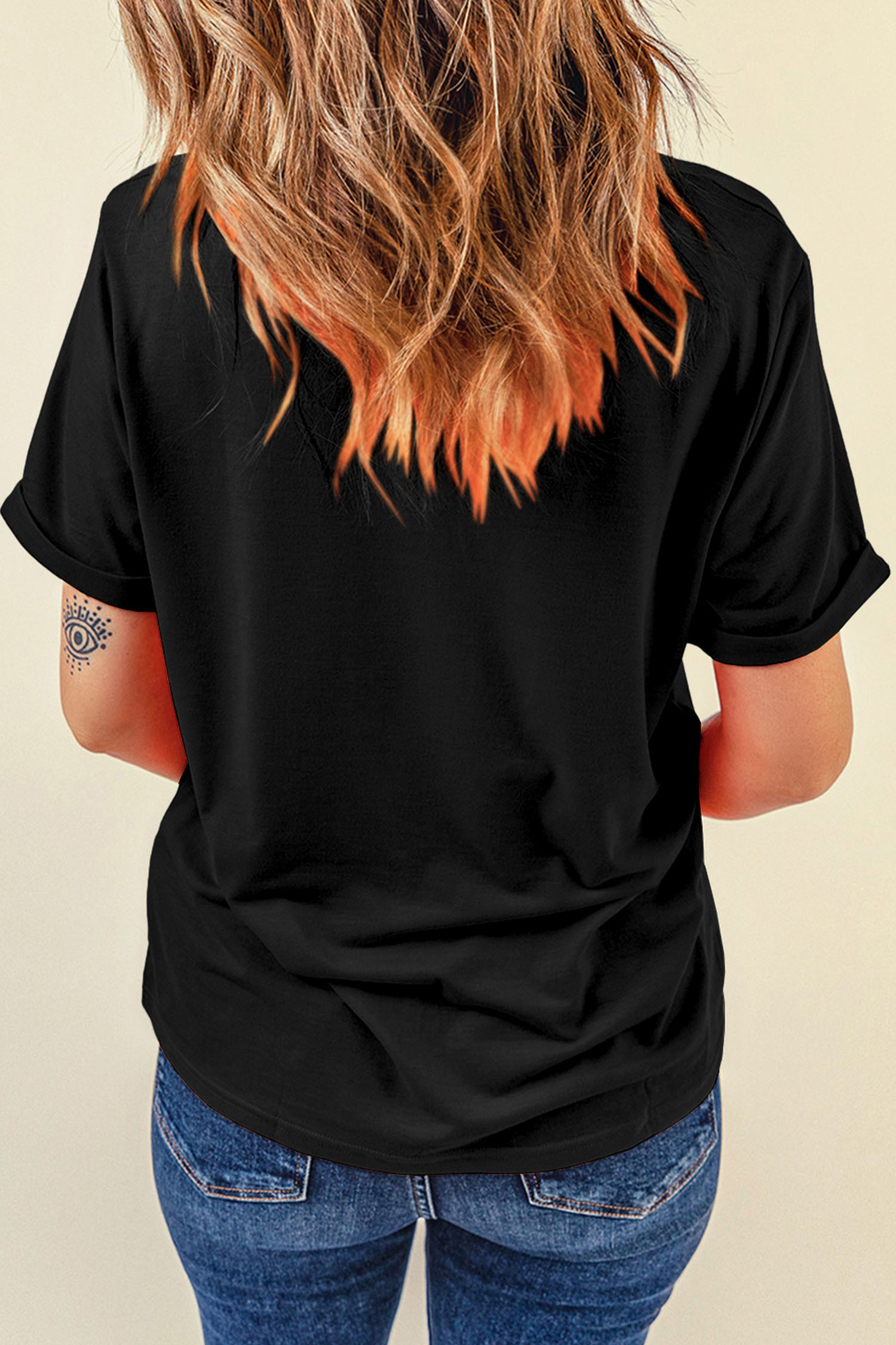 Black LUCKY Rhinestone Graphic Rolled Sleeve Tee - loveforevers
