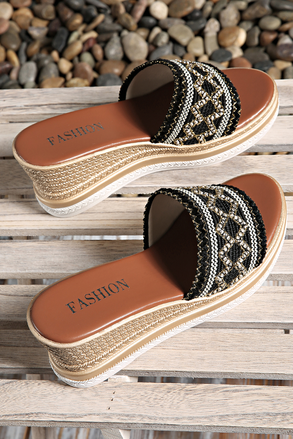 Black Woven Band PU Leather Wedge Slippers - loveforevers