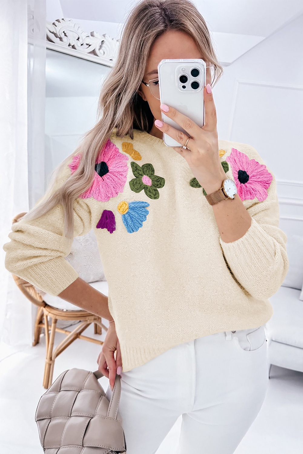 Pink Knitted Flower Pattern Ribbed Edge Sweater - loveforevers