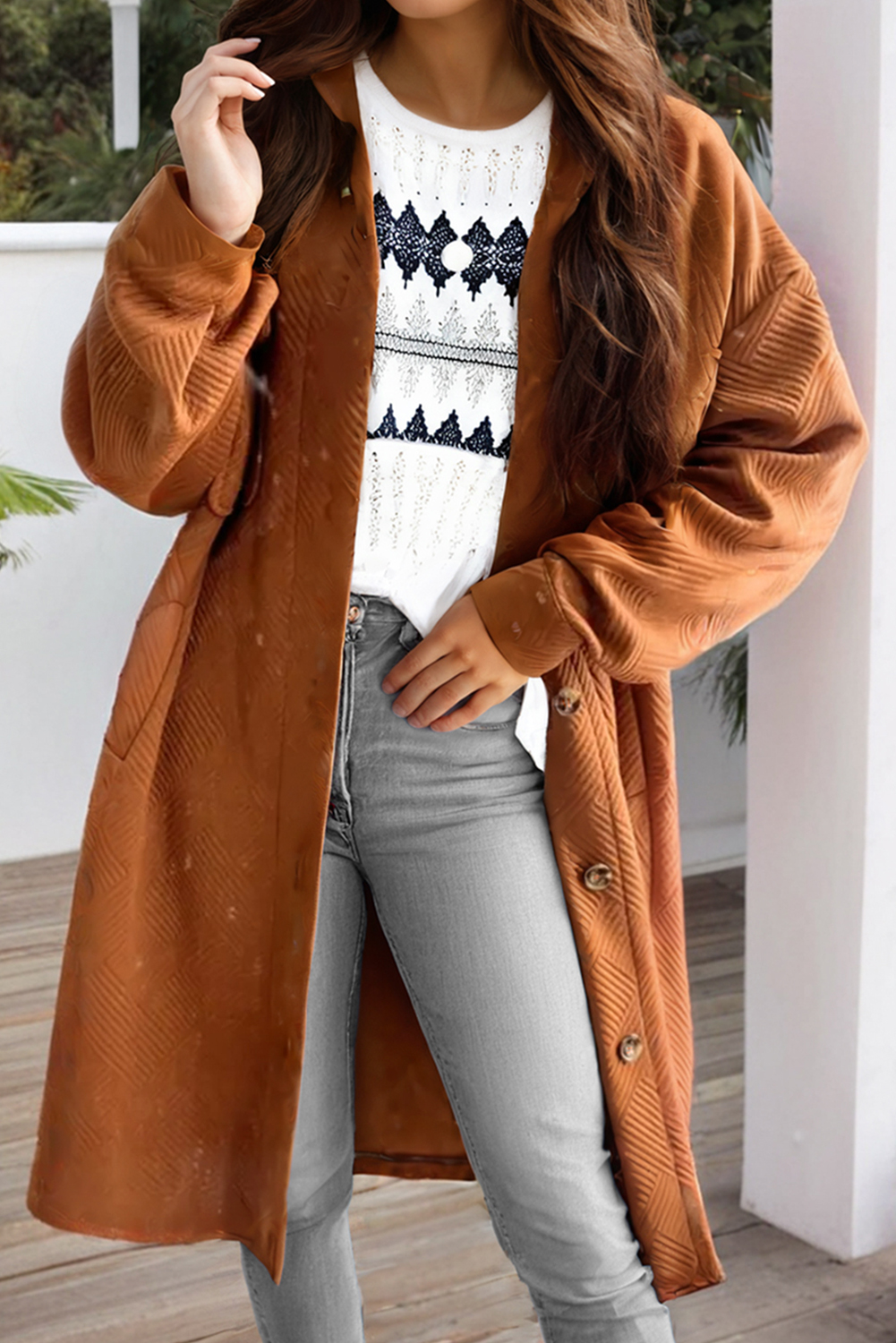 Gold Flame Textured Collared Drop Shoulder Buttoned Front Duster Coat - loveforevers