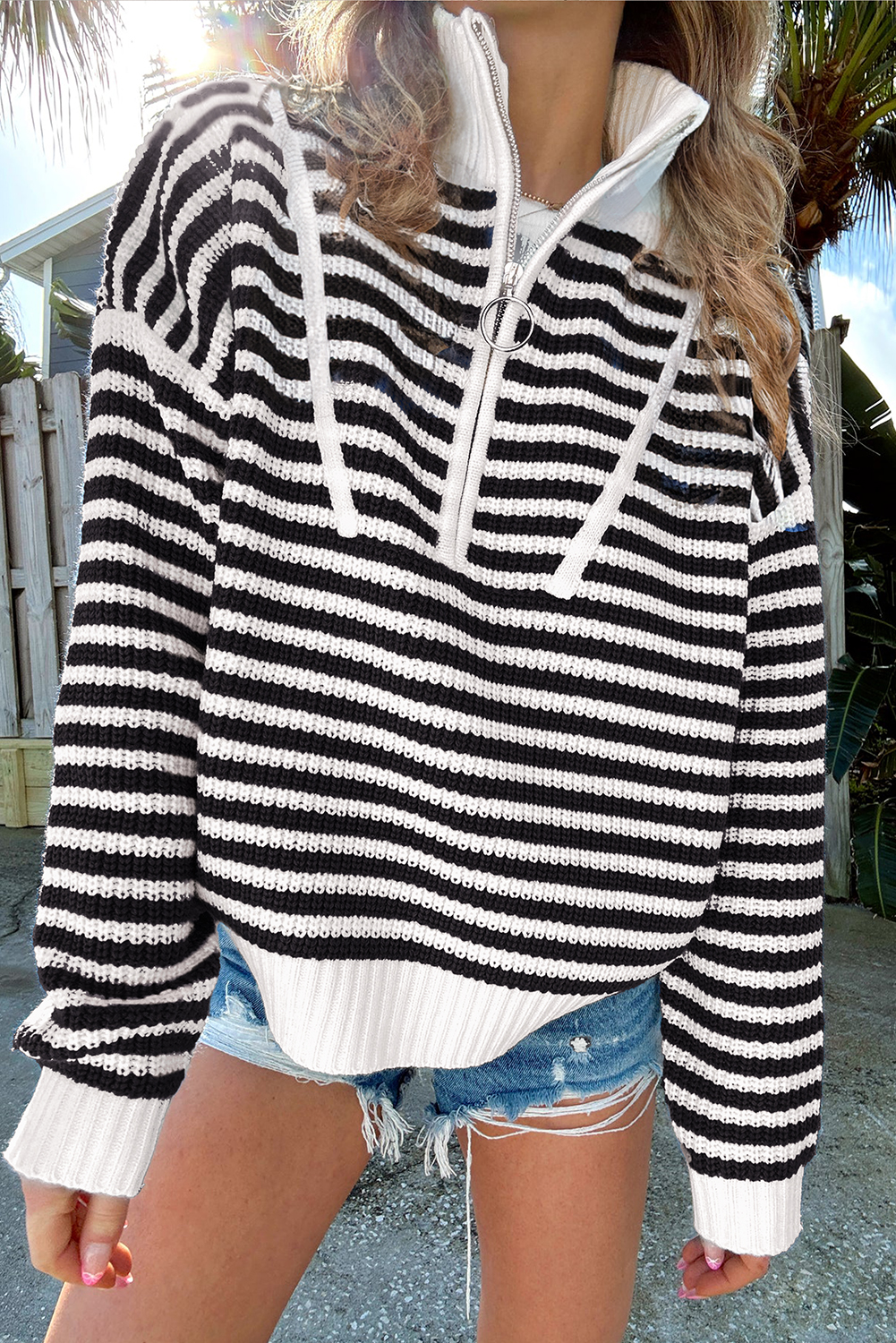 Black Stripe Zip up Collar Drop Shoulder Sweater - loveforevers