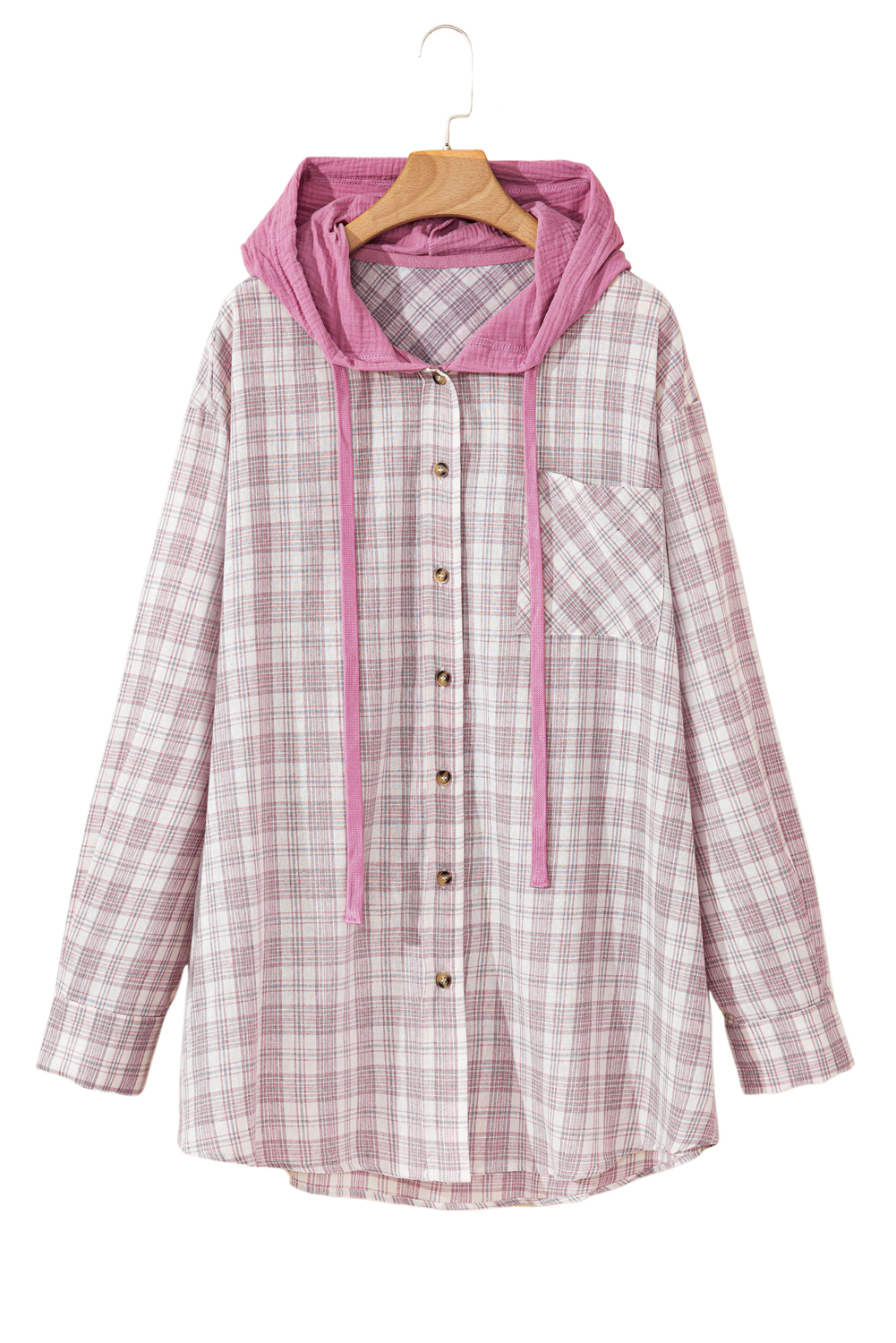 Khaki Checkered Print Loose Fit Buttoned Hooded Shacket - loveforevers