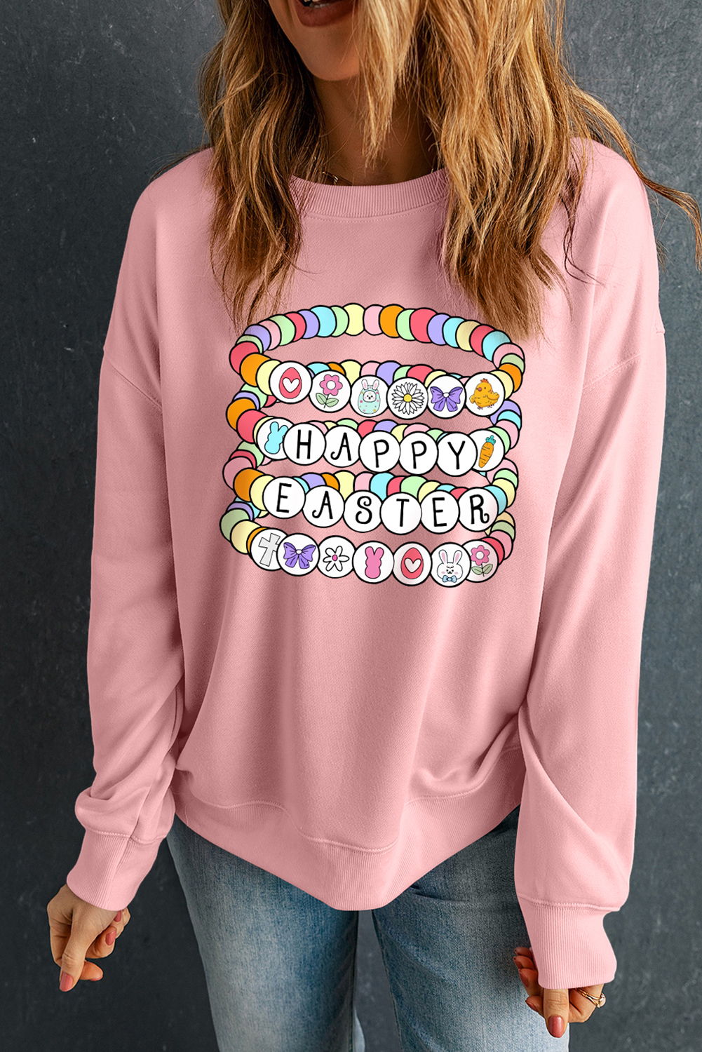 Pink Happy Easter Bracelet Print Drop Shoulder Sweatshirt - loveforevers