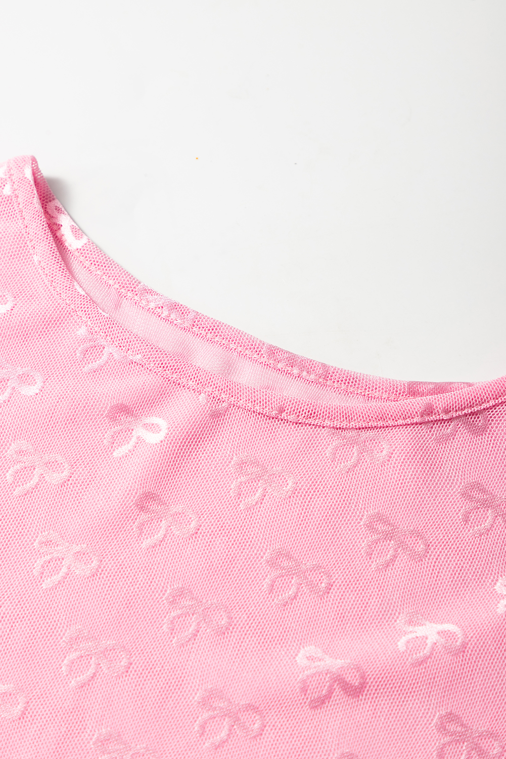 Pink Round Neck Bow Print Long Sleeve Mesh Top - loveforevers