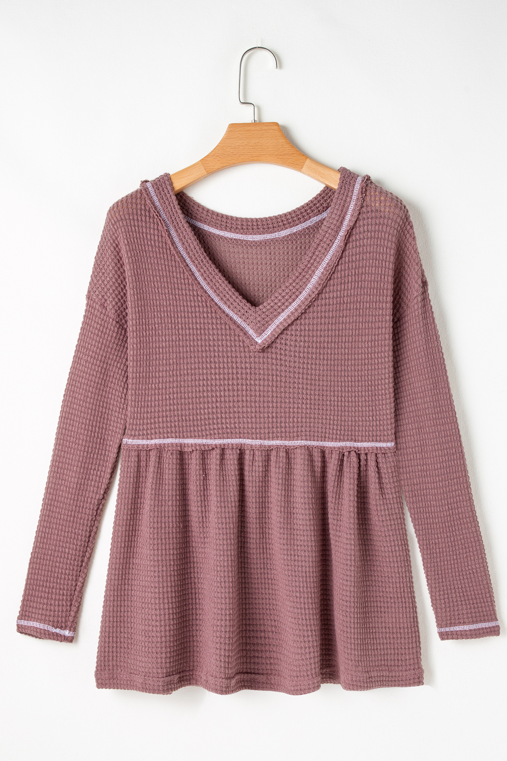 Pink Waffle Knit V Neck Long Sleeve Babydoll Top - loveforevers