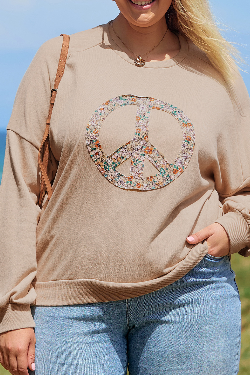 Beige Flower Patch Graphic Exposed Seam Wide Sleeve Top - loveforevers