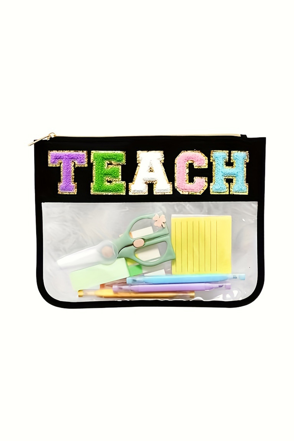 Black TEACH Glitter Chenille Clear PVC Makeup Bag - loveforevers
