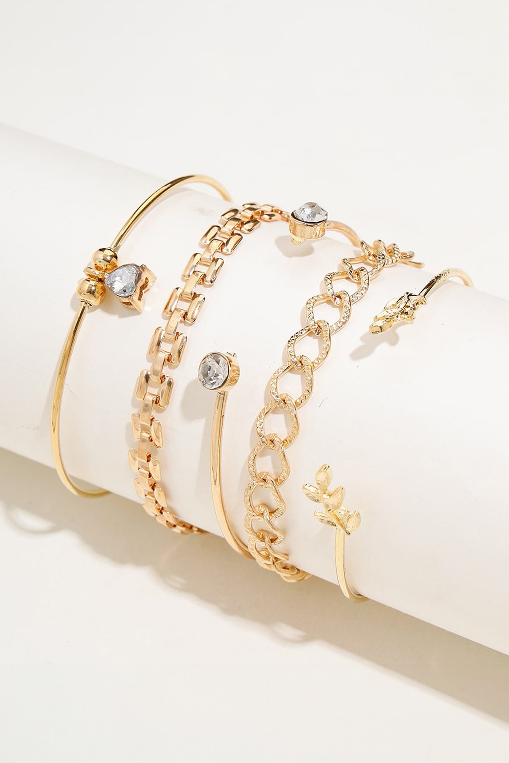 Gold Leaves Heart Shape Rhinestone Inlay Adjustable Bracelet Set - loveforevers