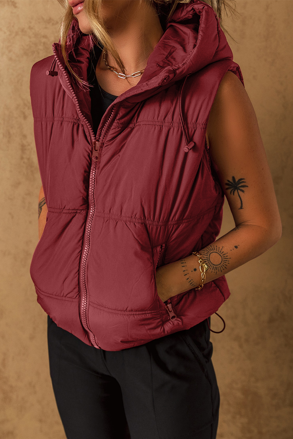 Clay Zip-up Side Pockets Hooded Puffer Vest - loveforevers