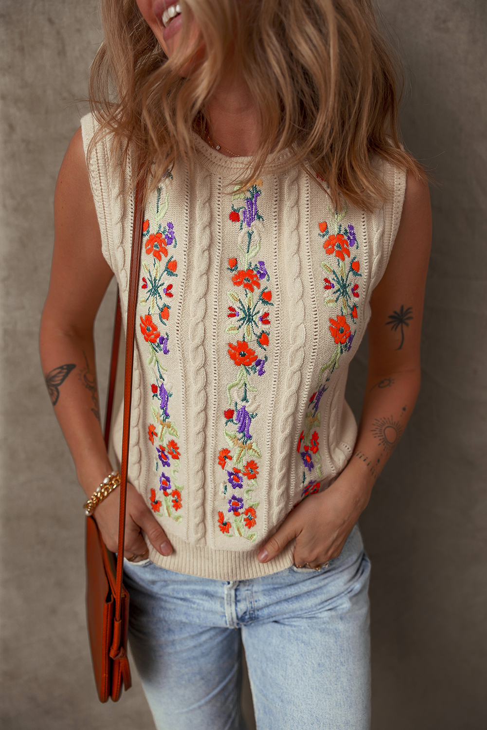 Jet Stream Embroidered Floral Cable Knit Sweater Vest - loveforevers