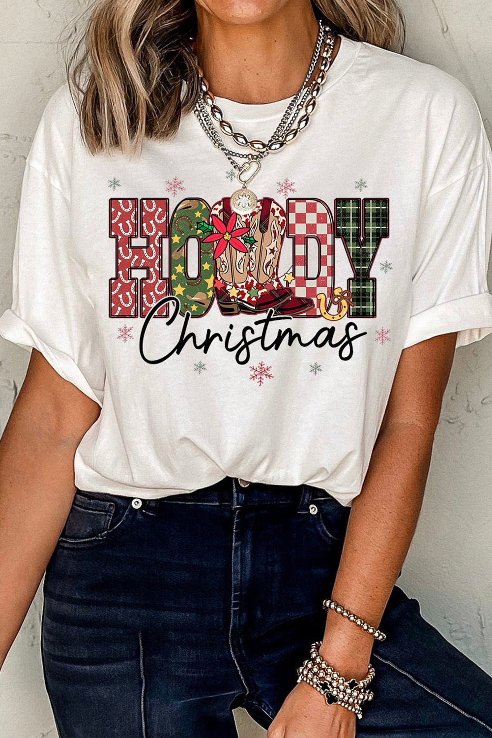 White Western HOWDY Christmas Festive Letter Printed Crew Neck T Shirt - loveforevers