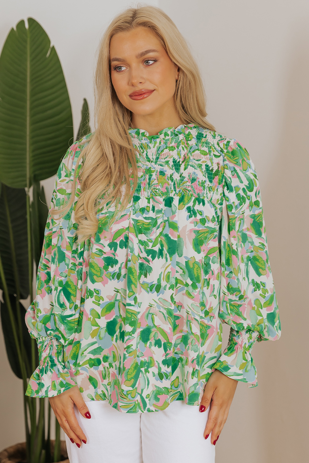 Green Leafy Printed Flounce Sleeve Shirred Mock Neck Blouse - loveforevers