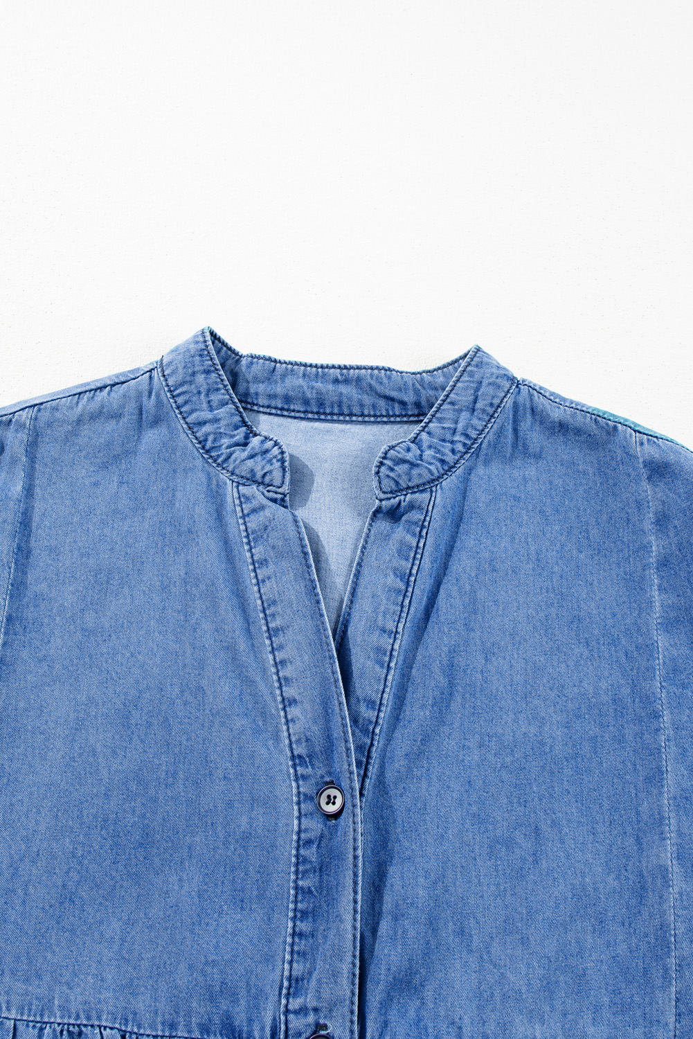 Sky Blue Chambray Ruffled 3/4 Sleeve Tiered Split V Neck Mini Dress - loveforevers