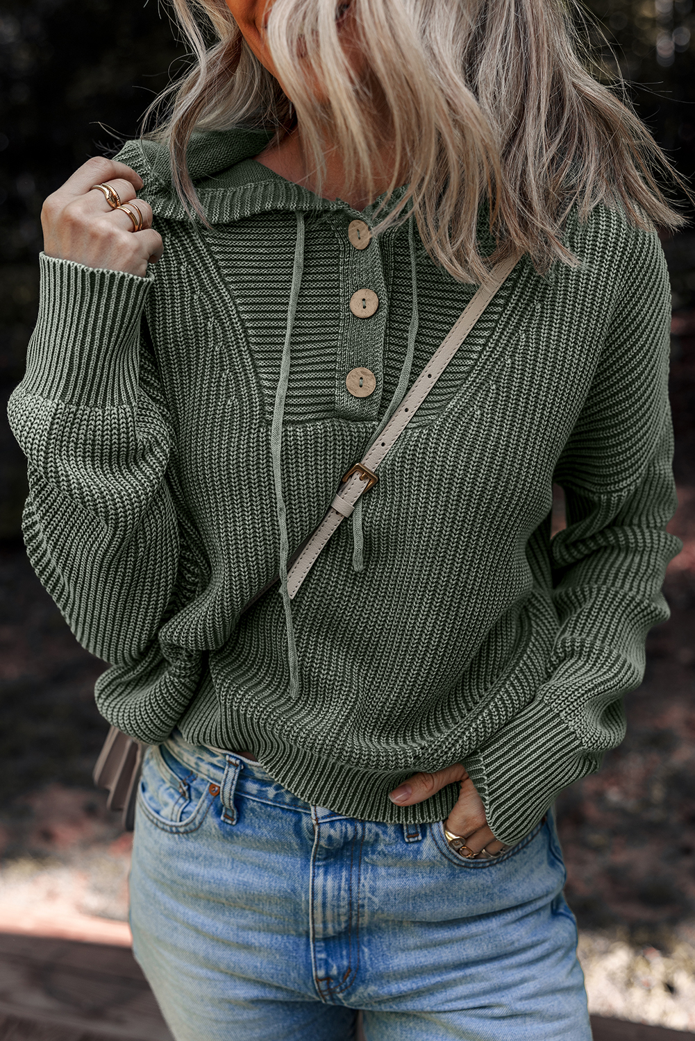 Mist Green Mineral Wash Ribbed Knit Button Drawstring Neck Hooded Sweater - loveforevers