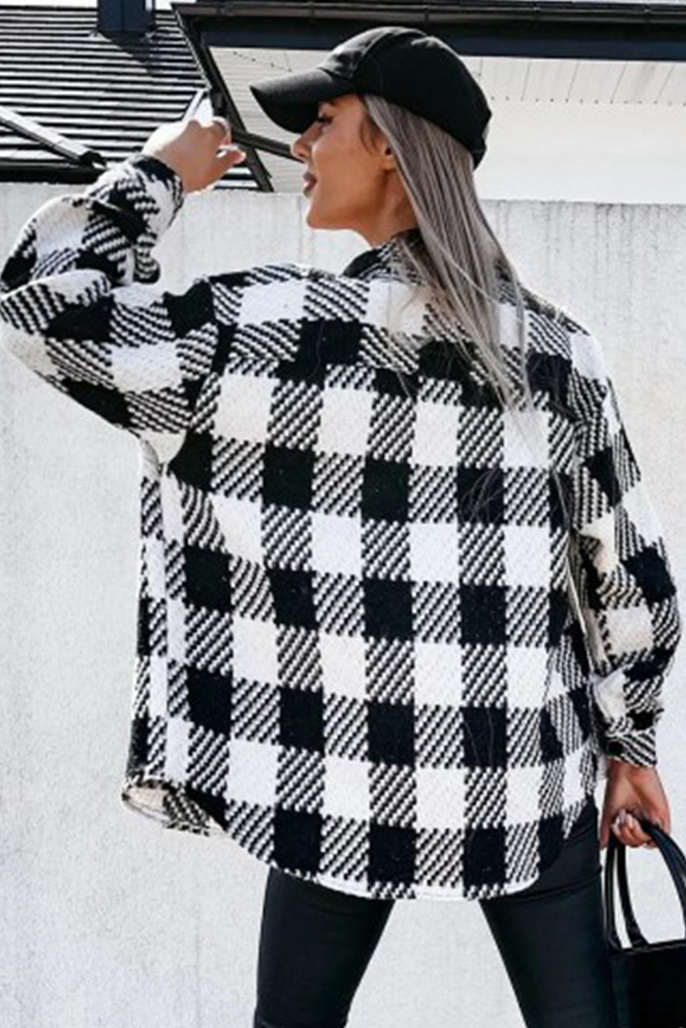 Black Plaid Textured Flap Pocket Shacket - loveforevers