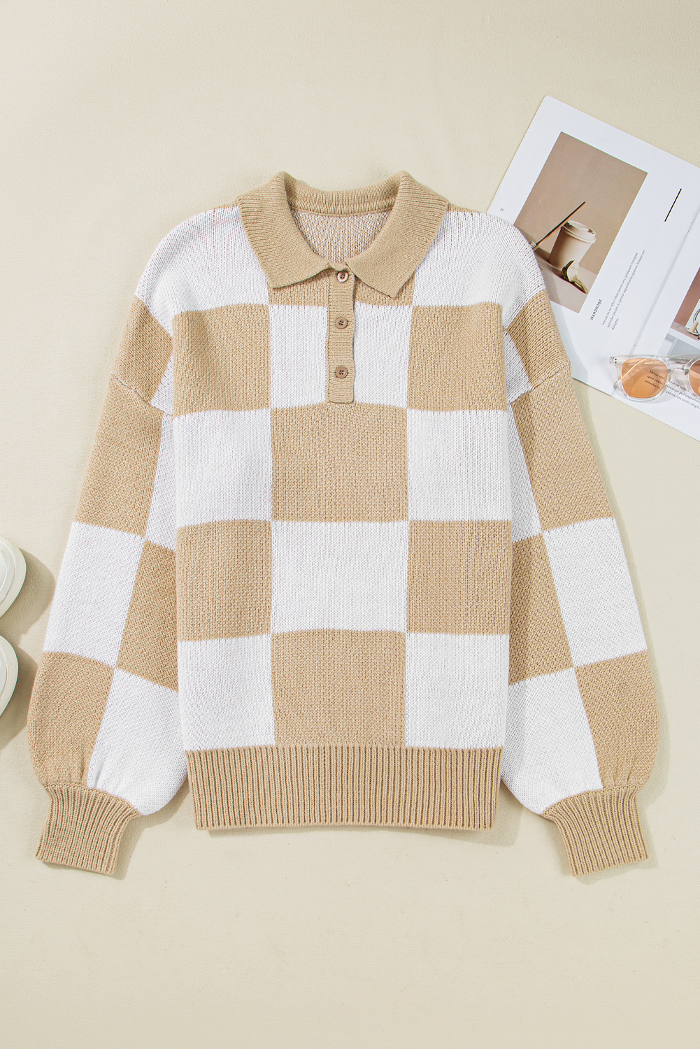 Mist Green Checkered Pattern Polo Collar Loose Sweater - loveforevers