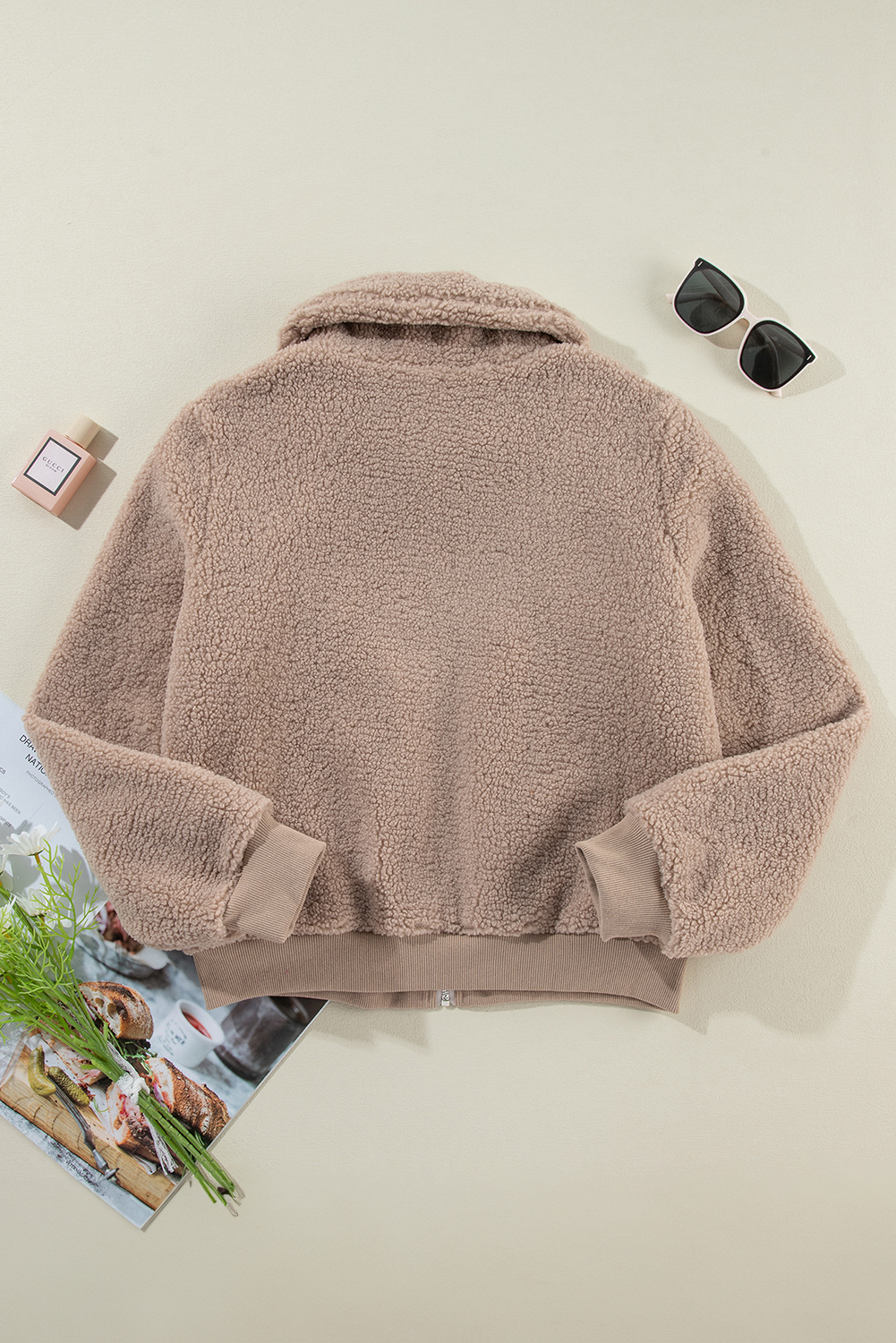 Light French Beige Zipper Pocketed Winter Fuzzy Jacket - loveforevers