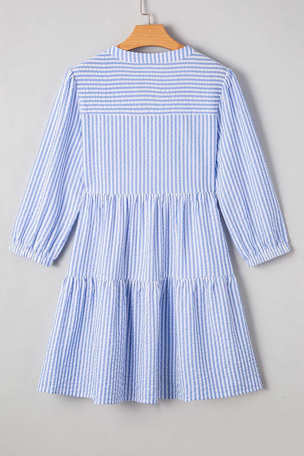 Sky Blue Stripe Bracelet Sleeve Tiered Shift Dress with Pockets - loveforevers