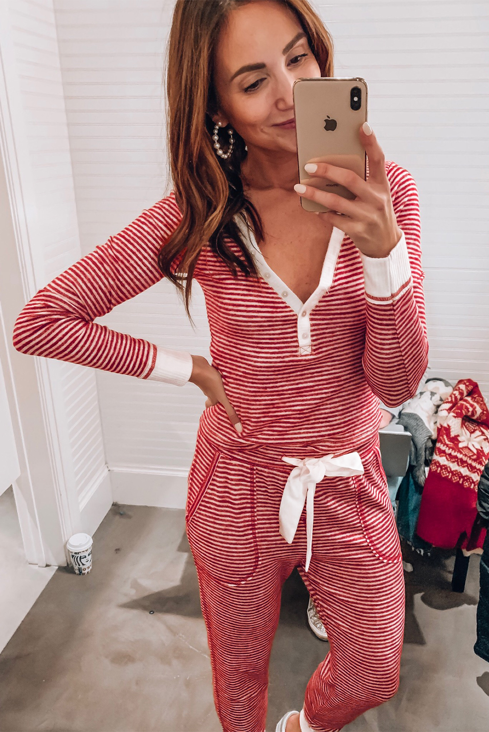 Red Stripe Buttoned V Neck Top and Knotted Waist Pants Lounge Set - loveforevers