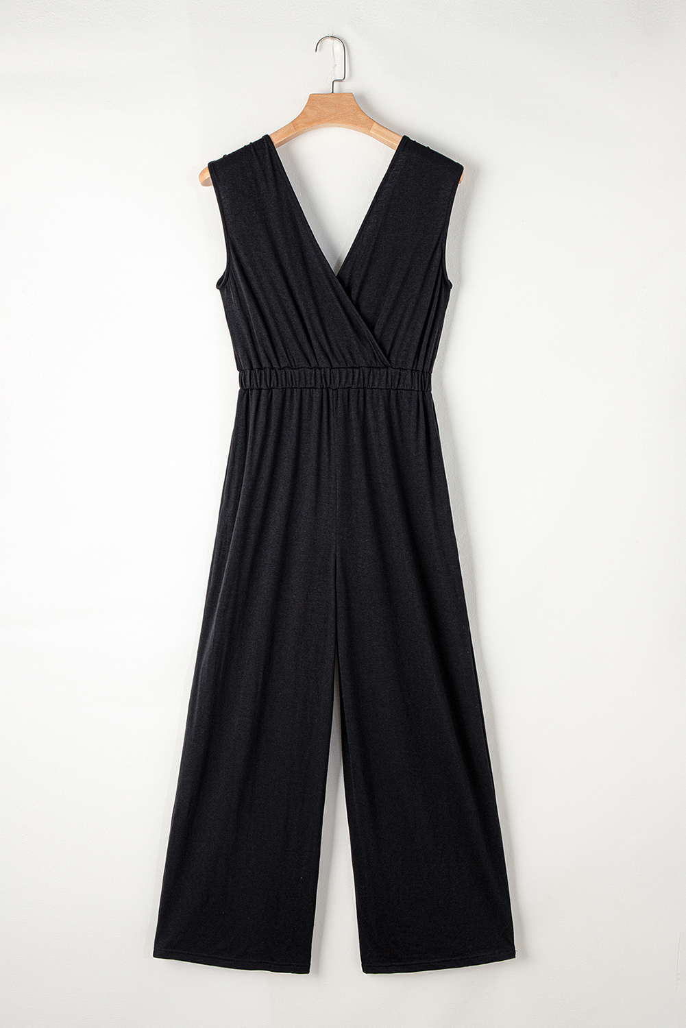 Black Deep V Pleated Crisscross Wide Leg Backless Jumpsuit - loveforevers