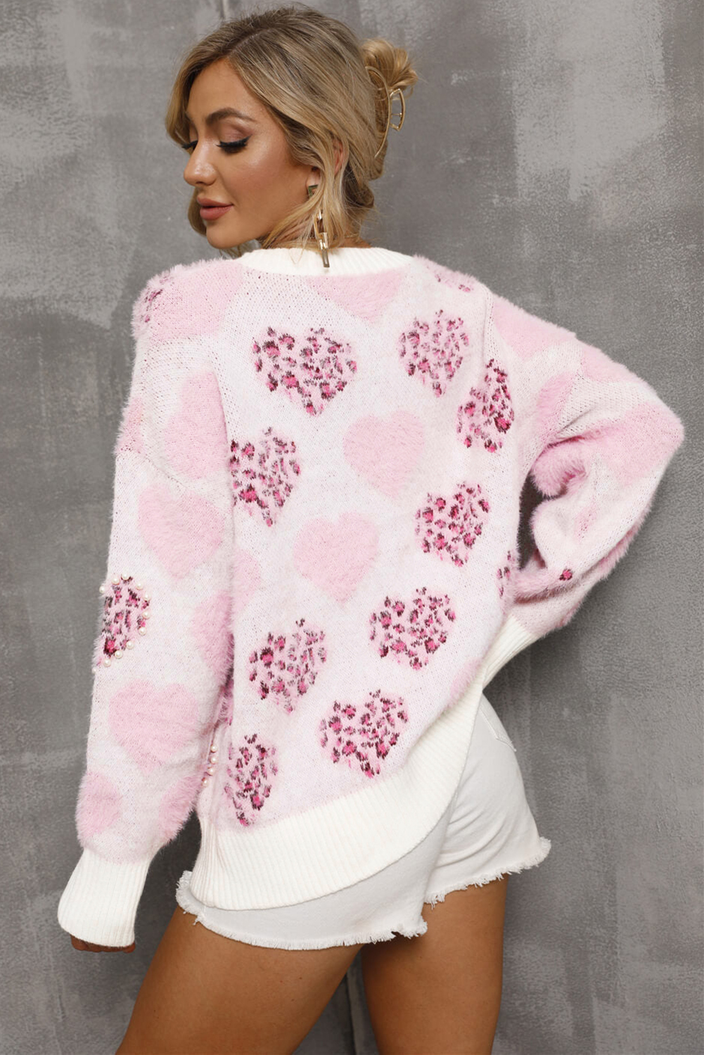 Pink Heart Leopard Print Pearled Ribbed Trim Fuzzy Sweater - loveforevers