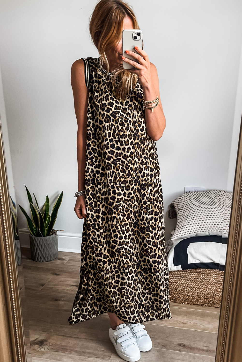 Black Contrast Striped Trim Leopard Sleeveless Maxi Dress - loveforevers