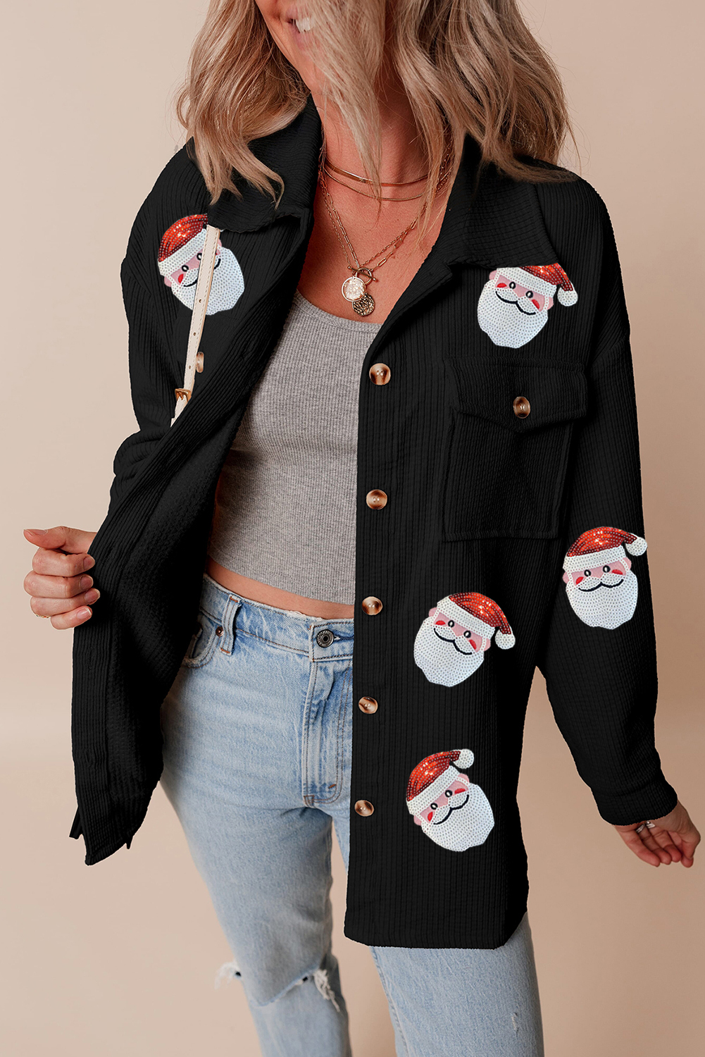 Black Sequin Father Christmas Graphic Button Down Ribbed Shacket - loveforevers
