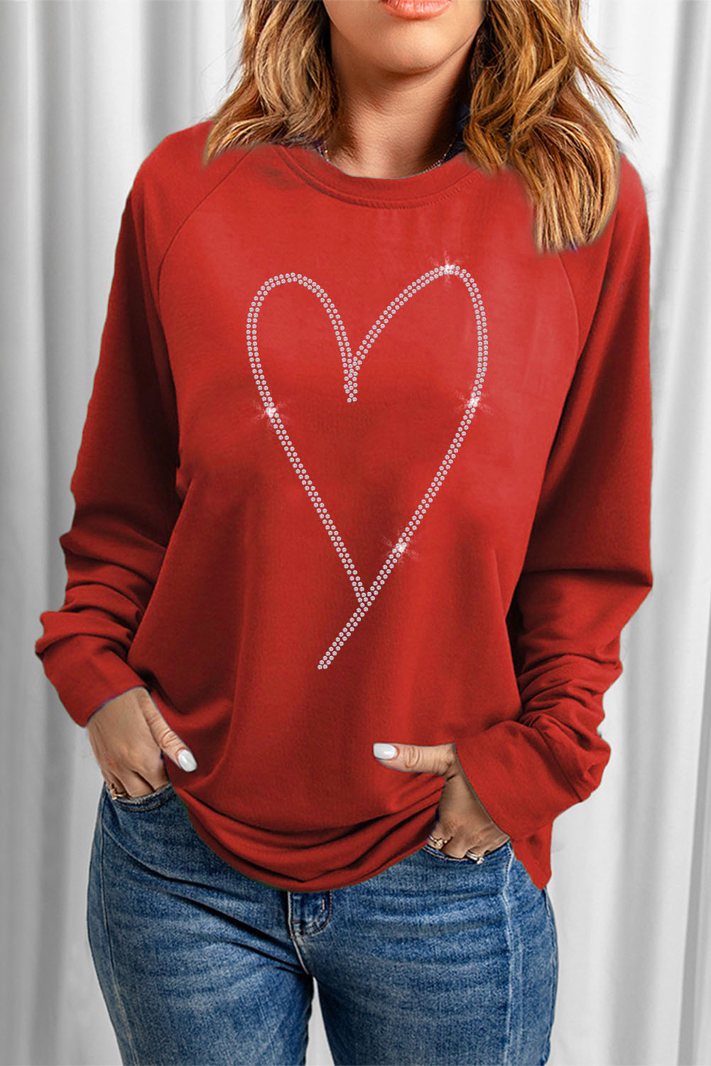 Fiery Red Rhinestone Heart Shaped Long Sleeve Sweatshirt - loveforevers