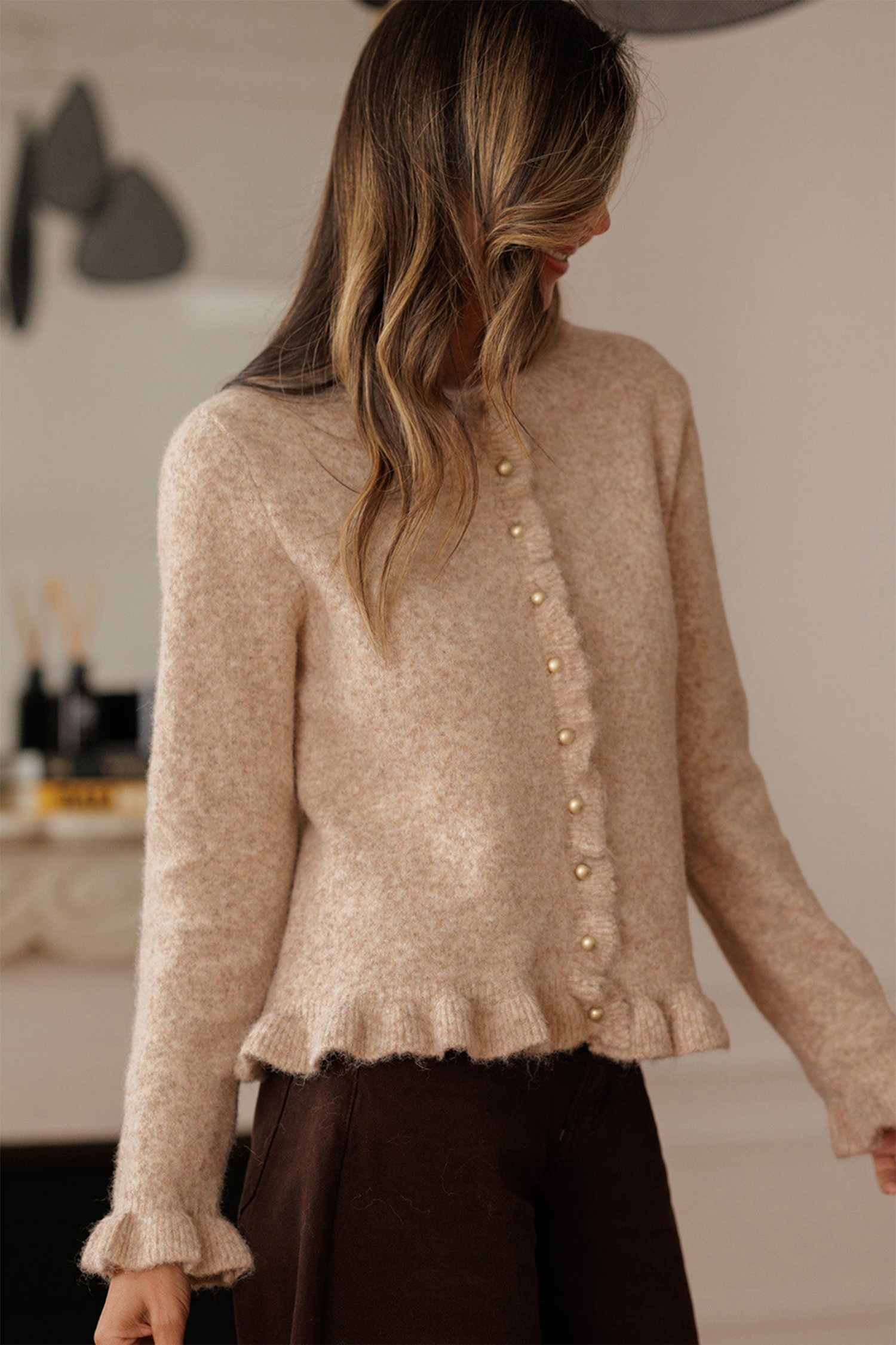 Oatmeal Ruffle Trim Gold Button Sweater Cardigan - loveforevers