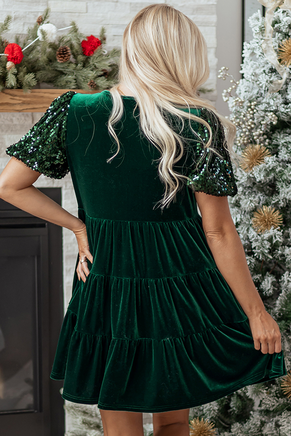Evergreen Sequin Puff Sleeve High Waist Tiered Velvet Mini Dress - loveforevers