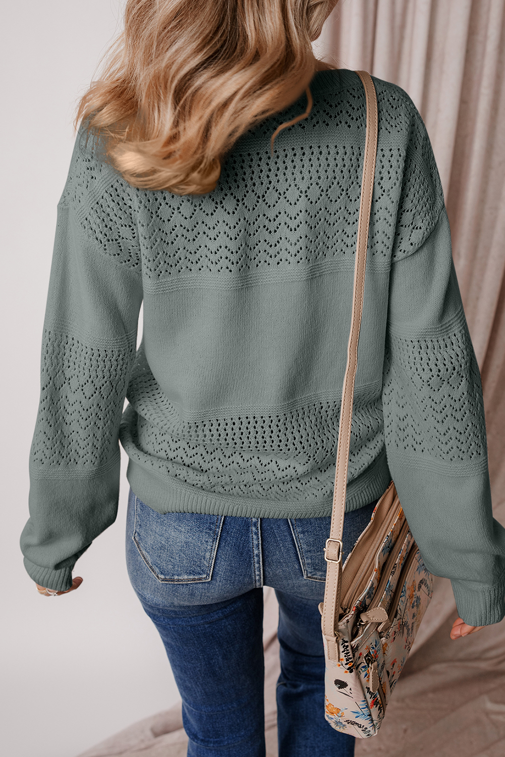 Sky Blue Eyelet Pattern Detail V Neck Drop Shoulder Sweater - loveforevers