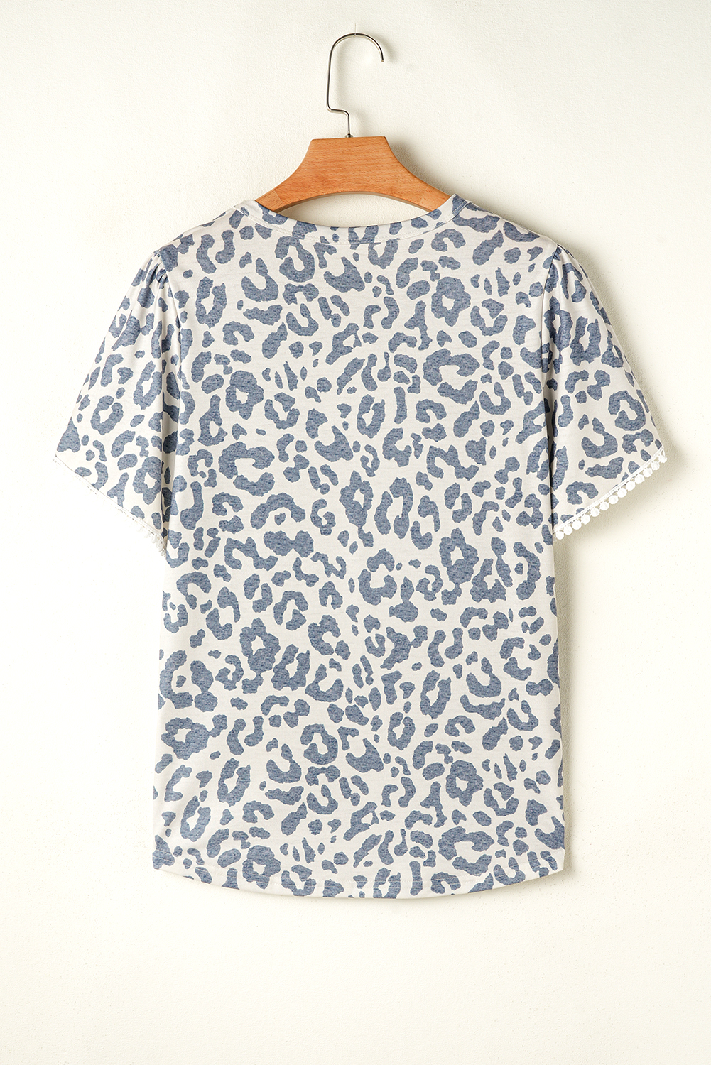 Beige Leopard Round Neck Lace Trim Petal Sleeve T Shirt - loveforevers