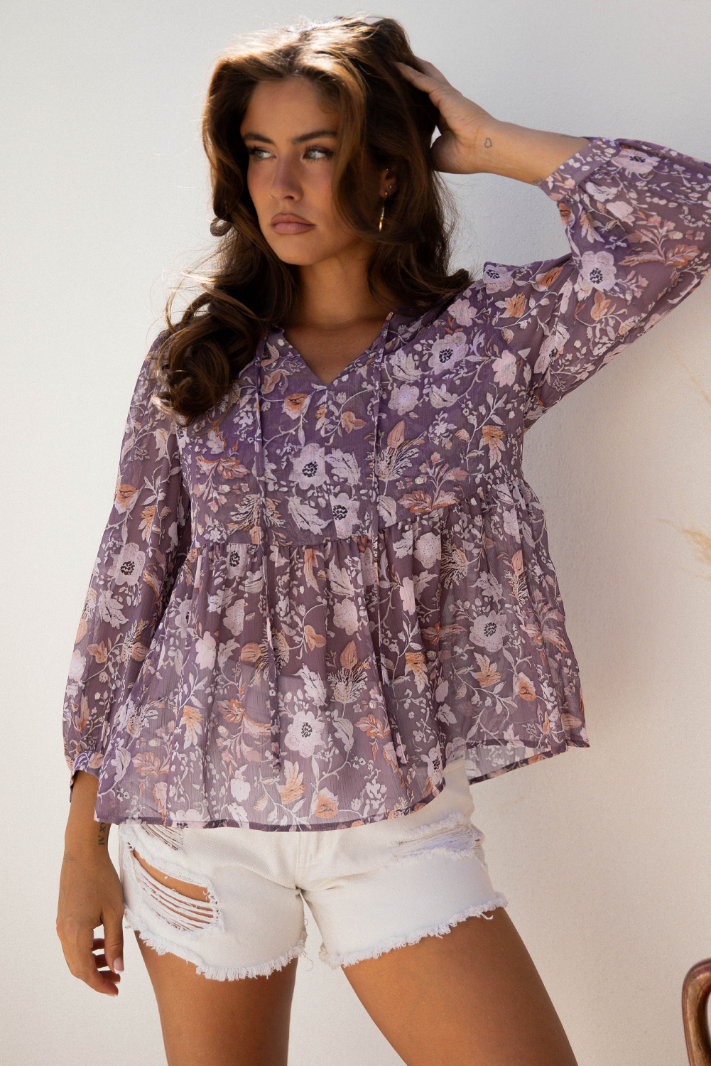 Blue Boho Flower Print 3/4 Sleeve Babydoll Blouse - loveforevers