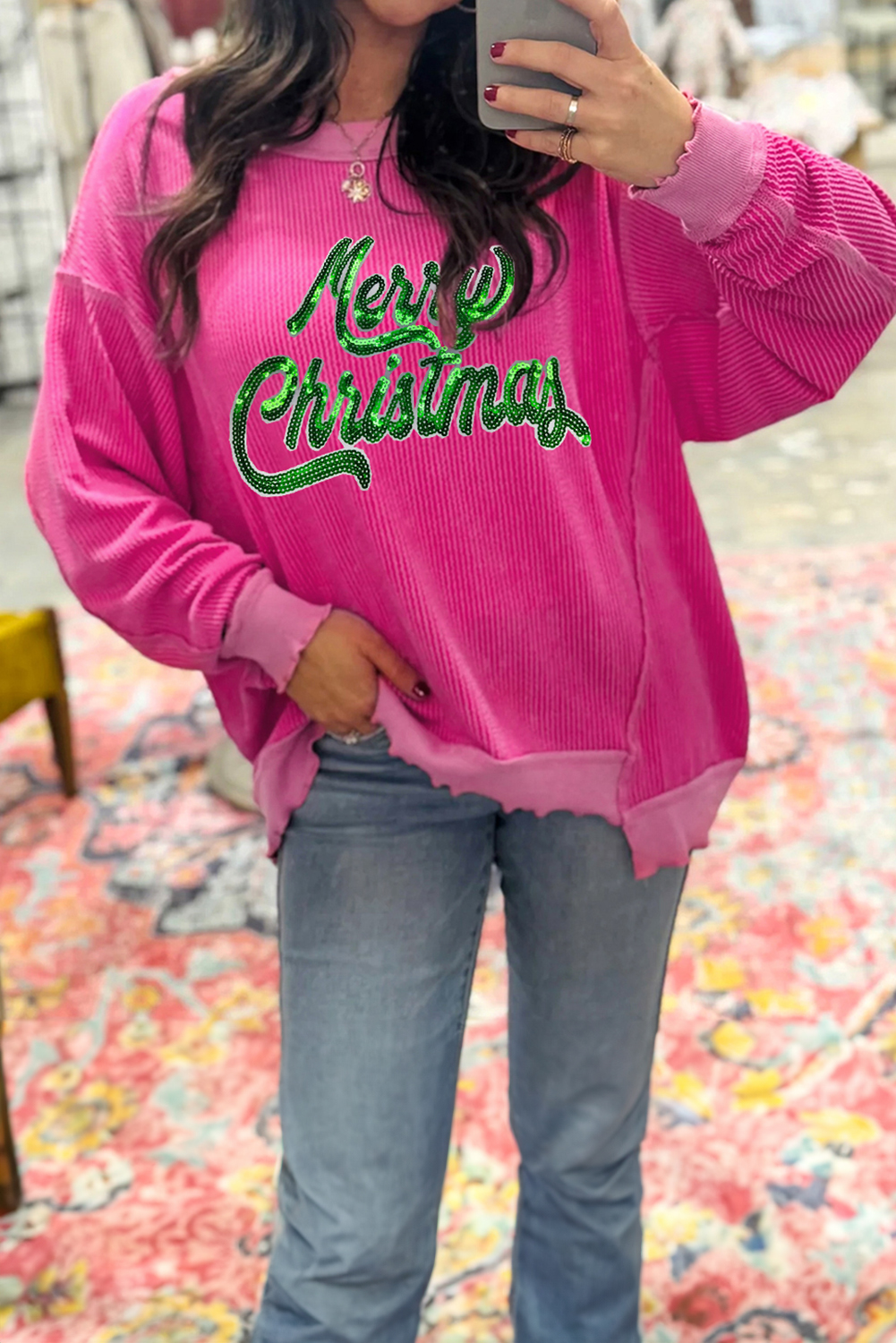 Strawberry Pink Twisted Ribbed Texture Merry Christmas Sequin Letter Graphic Top - loveforevers