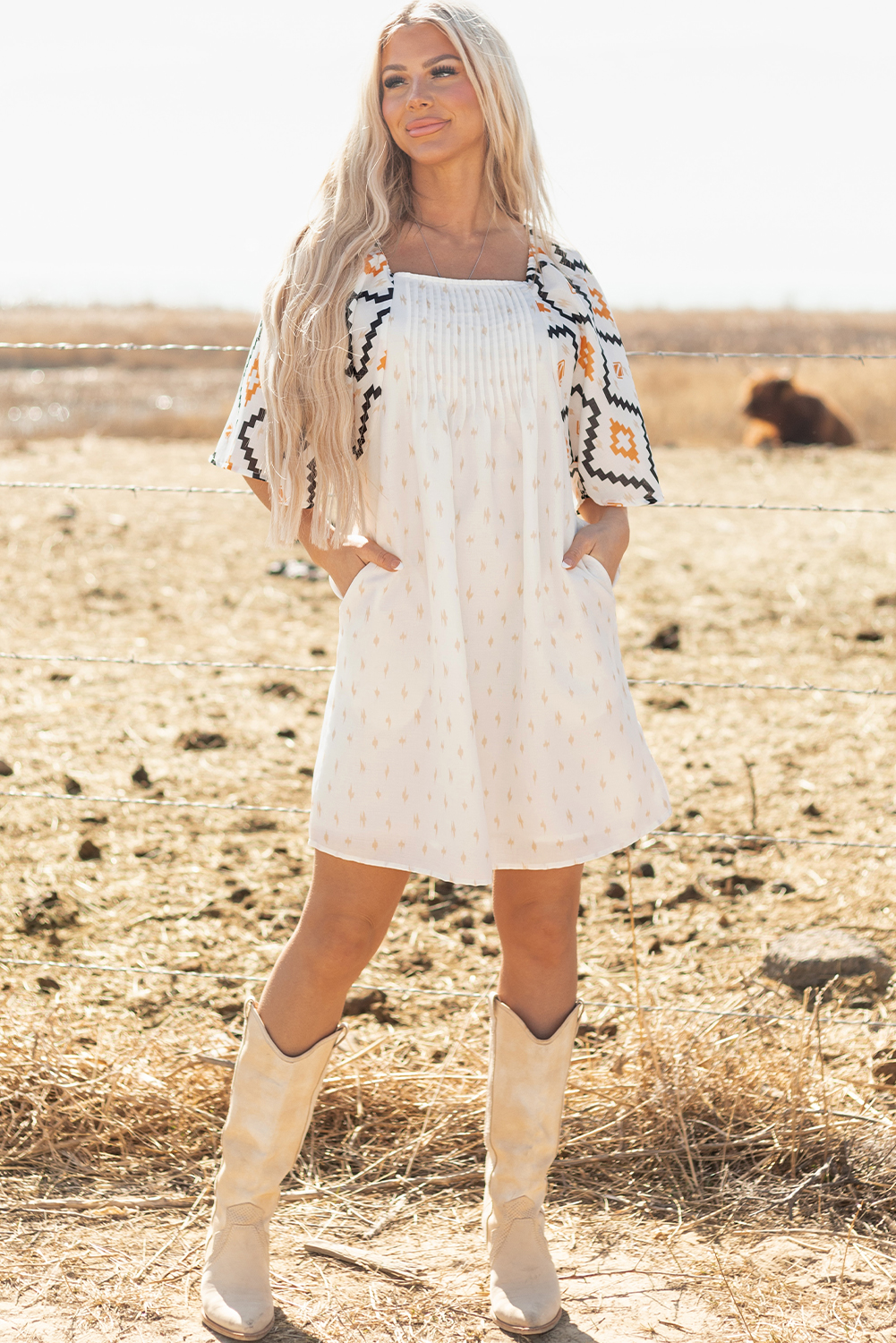 Beige Western Aztec Print Pleated Square Neck Loose Mini Dress - loveforevers