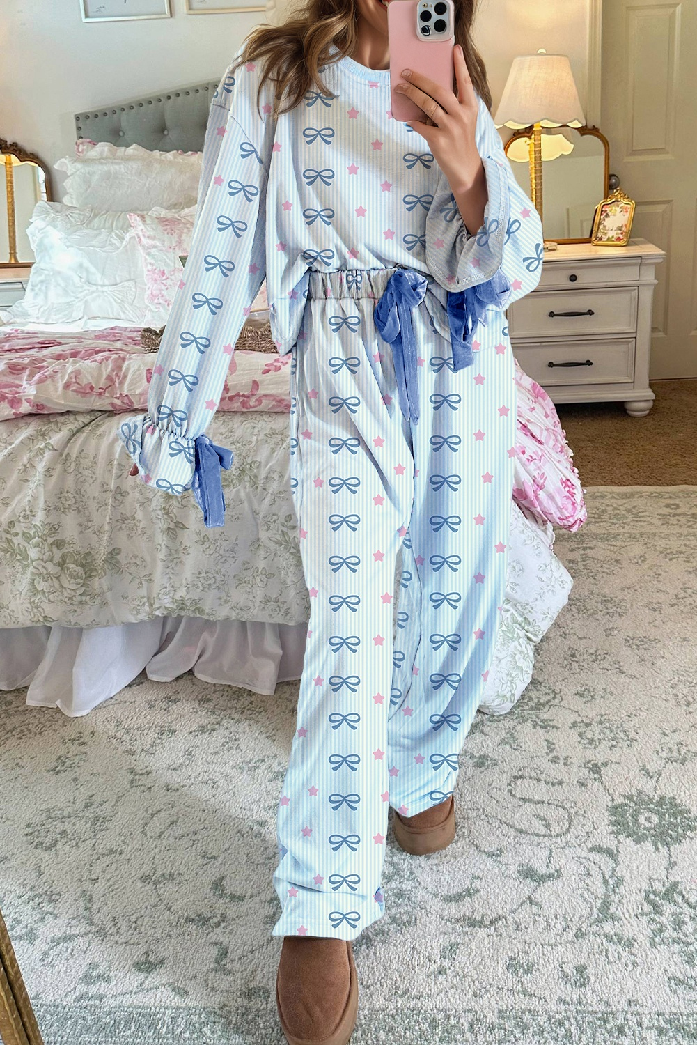 Sky Blue Stripe Bow Star Print Tied Detail 2pcs Lounge Set - loveforevers