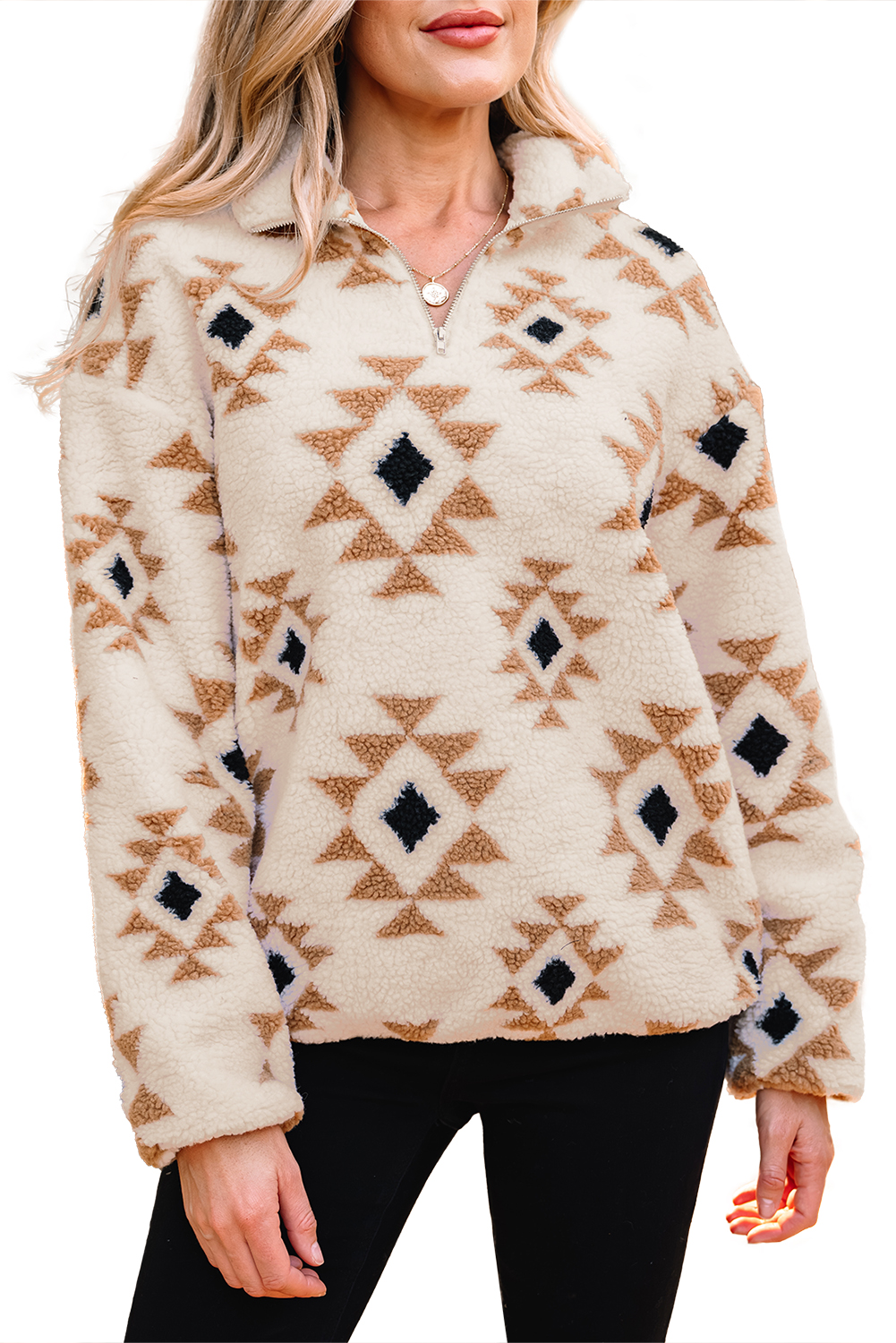 Khaki Aztec Print Sherpa Quarter Zip Collar Sweatshirt - loveforevers