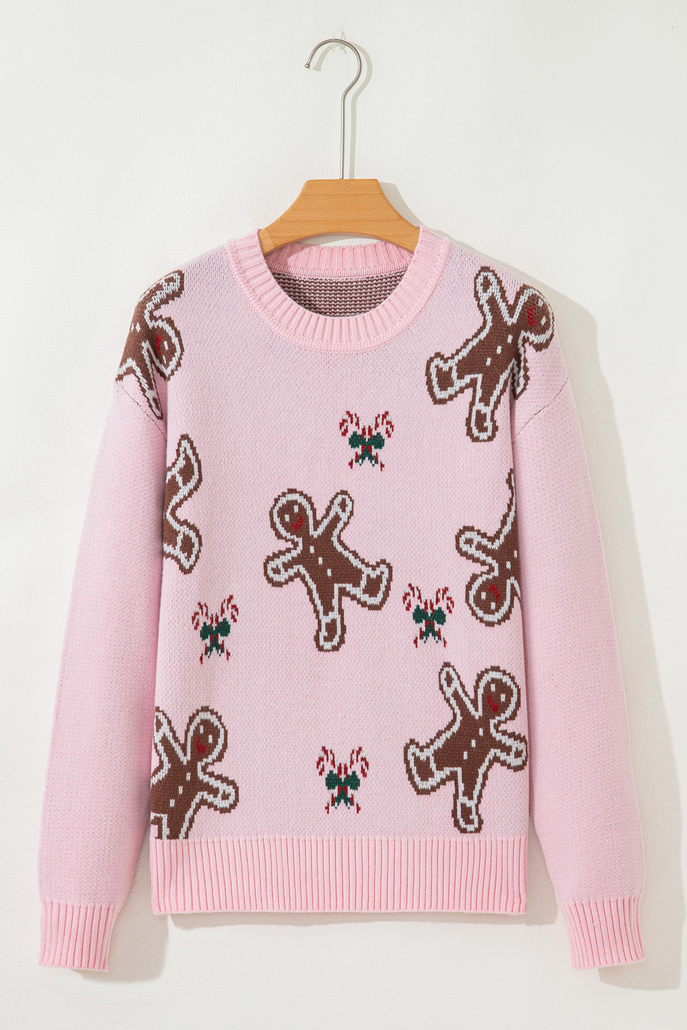 Pink Christmas Ginger Bread Man Print Round Neck Casual Sweater - loveforevers