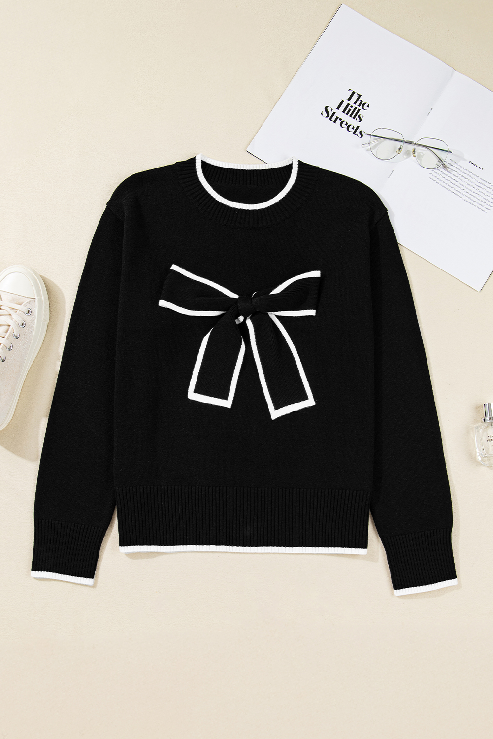 Black Contrast Trim Big Bow Accent Holiday Cropped Sweater - loveforevers
