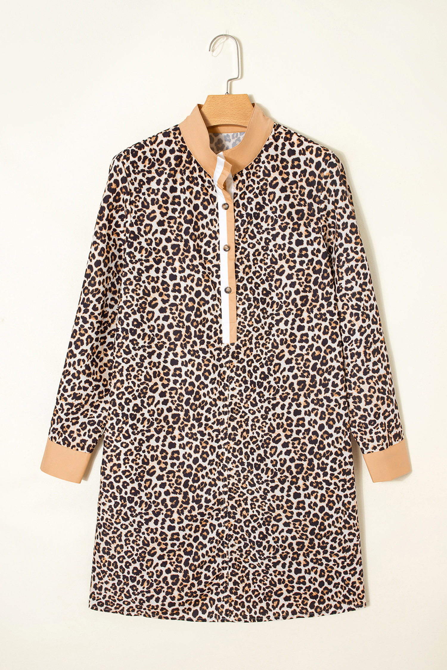 Multicolour Button Striped Collar Leopard Print Long Sleeve Flared Dress - loveforevers