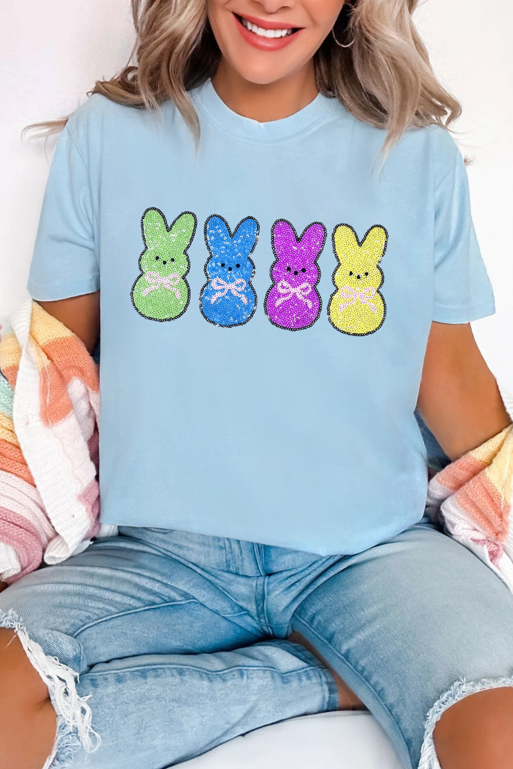 Light Blue Sequin Bunny Doll Graphic Casual T Shirt - loveforevers