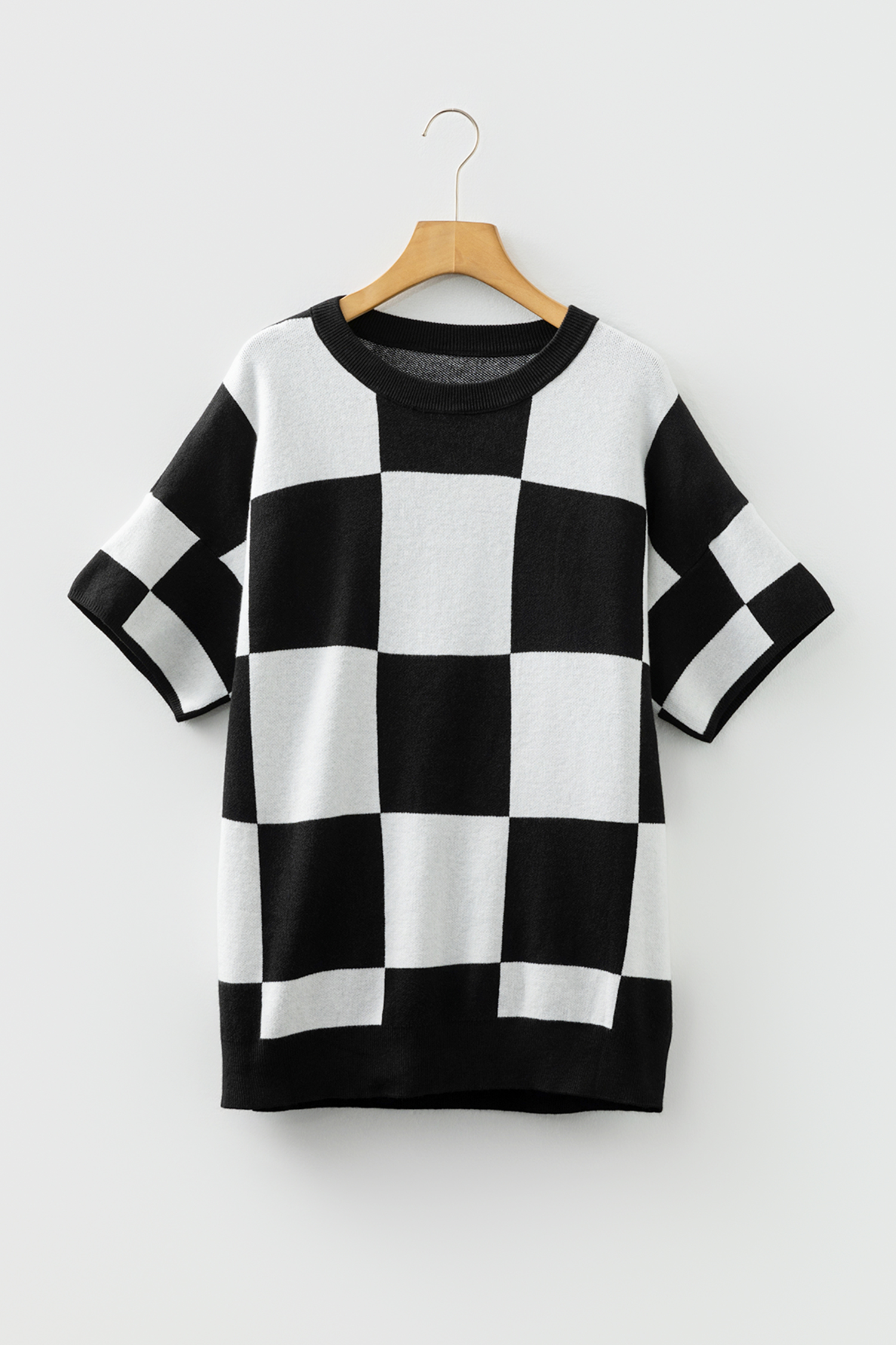 Black Checkered Pattern Loose Drop Shoulder Half Sleeve Sweater - loveforevers