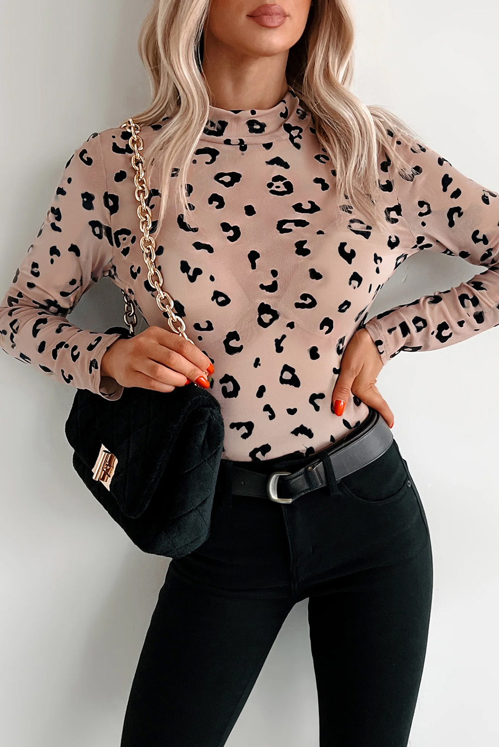 Khaki Mock Neck Sheer Mesh Leopard Long Sleeve Bodysuit - loveforevers