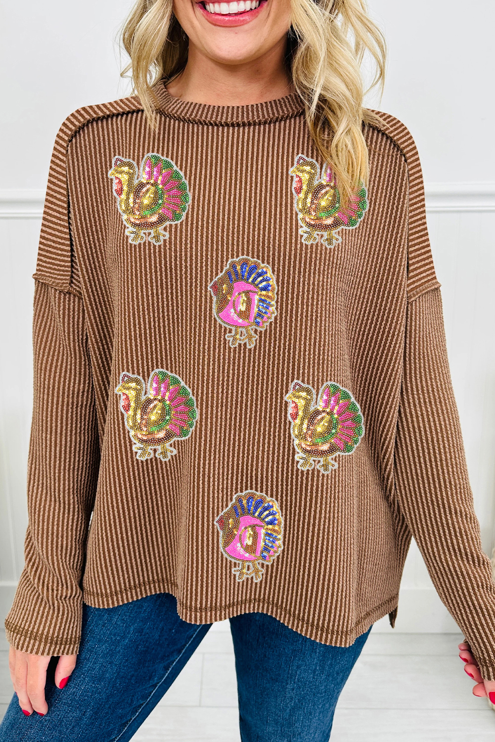 Dark Khaki Sequin Thanksgiving Turkey Patched Twisted Ribbed Exposed Seam Drop Shoulder Top - loveforevers